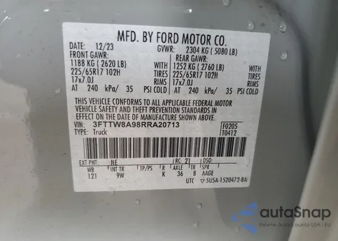 2024 Ford Maverick Xl z USA, uszkodzony, nr VIN 3FTTW8A98RRA20713